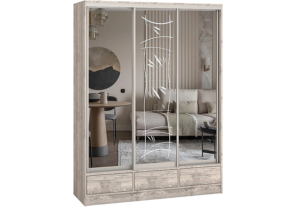 Шкаф-купе с пескоструйным рисунком Версаль-150 Зеркало-Зеркало пескоструй-Зеркало Дизайн-2